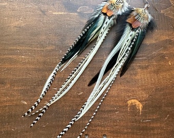 Long Feather Earrings - Black Brown and Cream White - Real Rooster and Pheasant Feather Earrings - Boho Western Hippie Style (Ready to Ship)