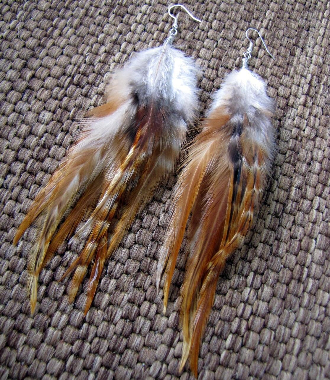 Feather Earrings Natural Brown Feather Earrings Striped Etsy