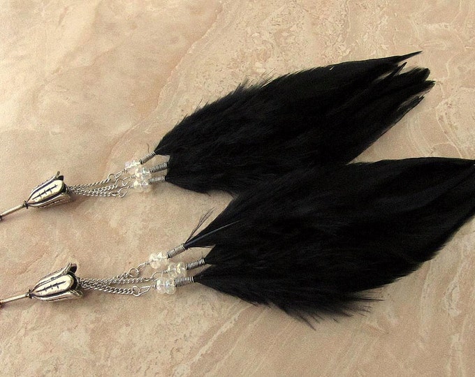 Long Black Feather Earrings Beaded Chandelier Feather Earrings Spring