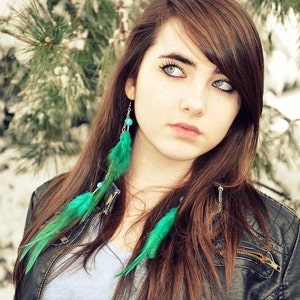 Long Feather Earrings - Green Feather Earrings, Turquoise Feather Jewelry - Emerald Wings