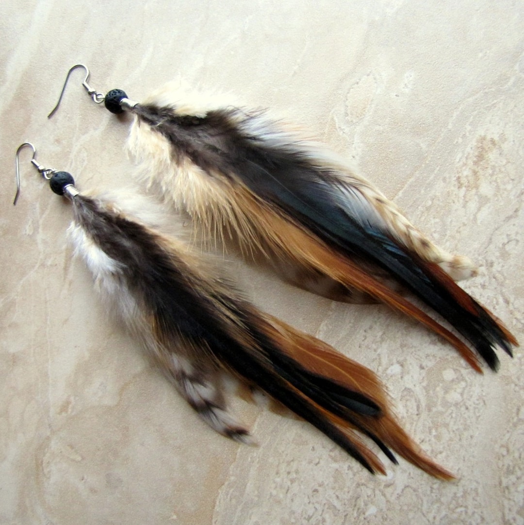 Long Feather Earrings Black and Brown Feather Earrings Natural Feather
