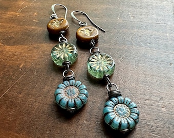 Czech Glass Flower Earrings - Autumn Floral Earrings - Blue and Burnt Orange - Fall Colors - Vintage Inspired Retro Colors (Ready to Ship)