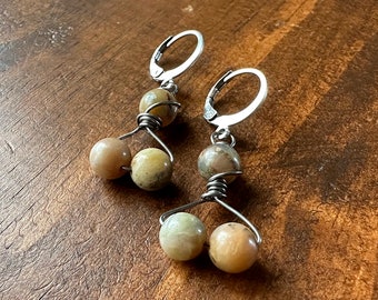 Tiny Dinosaur Coprolite Earrings - Fossilized Dinosaur Poop Earrings - Small Rustic Dangle Earrings - Beaded Fossil Earrings (Ready to Ship)