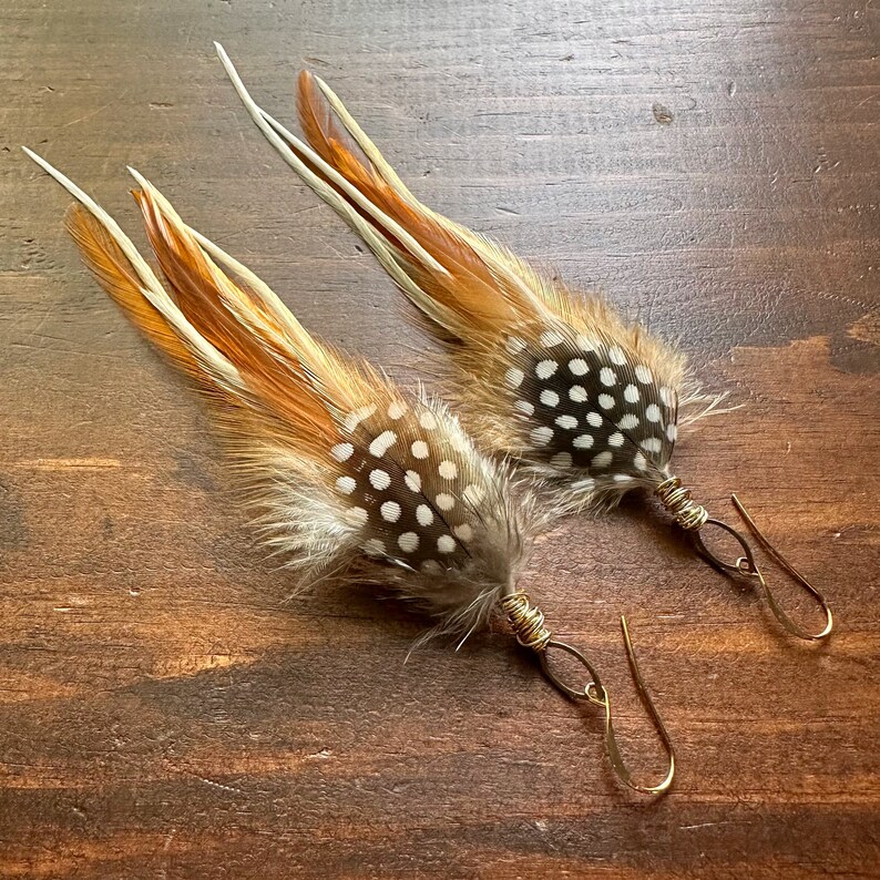Golden Brown Feather Earrings Cream White Brown and Black Feather Earrings Polka Dot Guinea and Rooster Feather Earrings Ready to Ship image 2