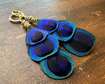 Peacock Feather Earrings - Blue Green Peacock Eye Feather Earrings - Real Undyed Feather Earrings - Blue Peacock Earrings