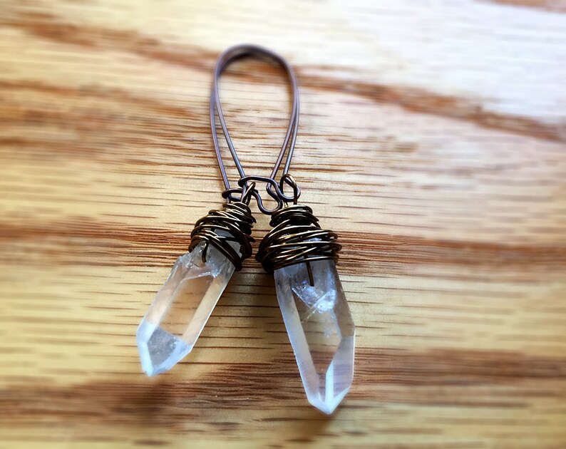 Raw Quartz Earrings Antiqued Brass Dangle Earrings Clear Quartz Earrings