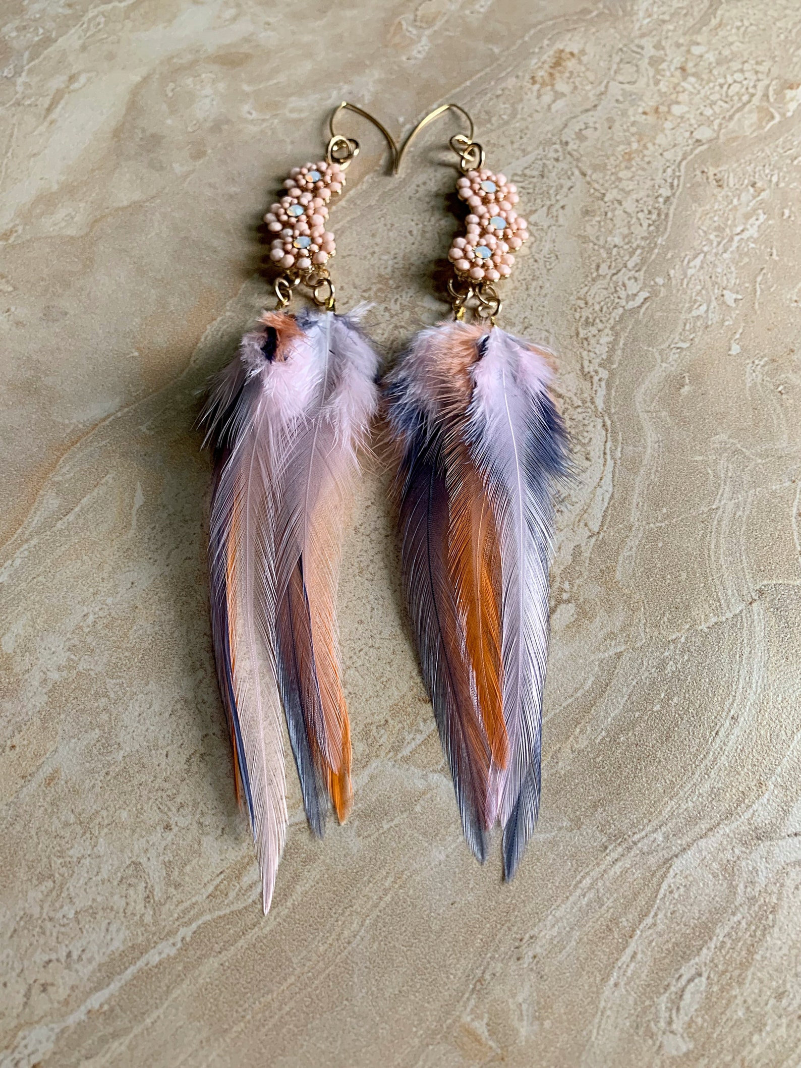 Floral Feather Earrings Long Pink Feather Earrings Pink Etsy