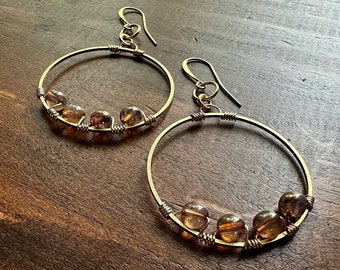 Czech Glass Earrings - Brass Hoop Earrings - Beaded Purple and Gold Earrings - Beaded Hoop Earrings (Ready to Ship)