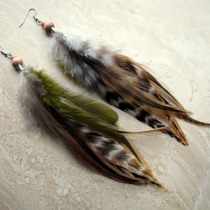 Long Feather Earrings - Beaded Black and Brown Striped Feather Earrings - Natural Feather Earrings - Boho Hippie Western Jewelry
