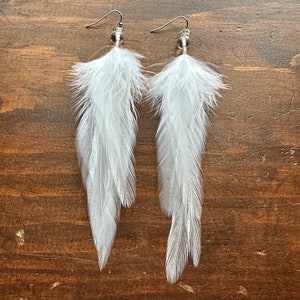 White Feather Earrings Long Rooster Feather Earrings Beaded White Bridal Feather Earrings Bridal Feather Jewelry image 3