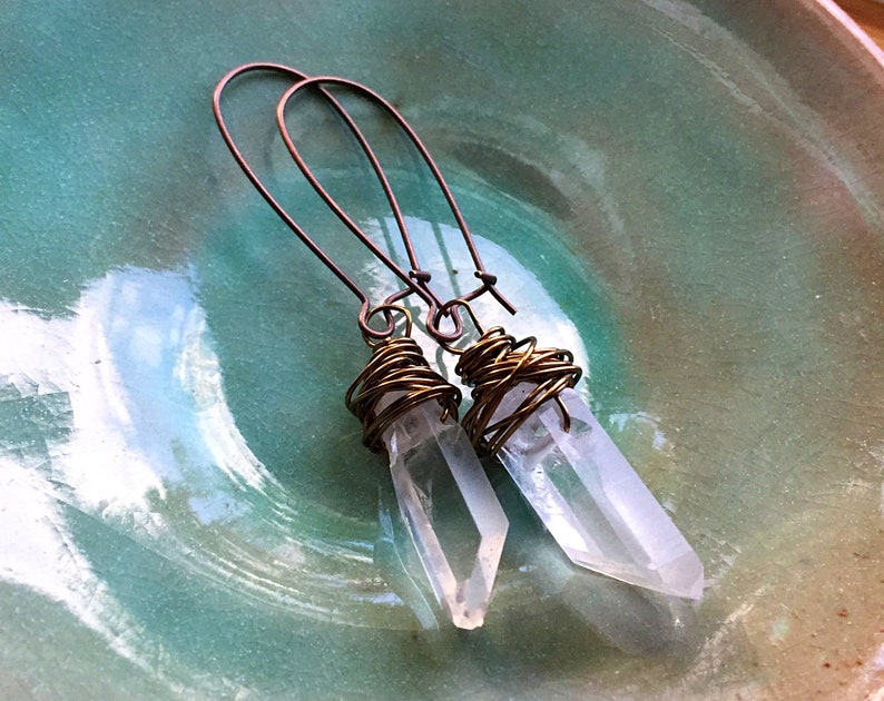 Raw Quartz Earrings Antiqued Brass Dangle Earrings Clear Quartz Earrings