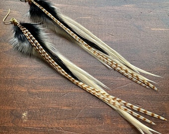 Real Feather Earrings - Black Brown and Cream White Rooster Feather Earrings - Long Boho Hippie Feather Earrings (Ready to Ship)