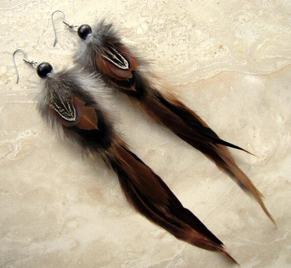 Feather Earrings Long Brown Feather Earrings Brown and Etsy
