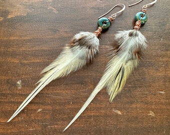 Natural White Feather Earrings - Cream White Rooster Feather Earrings with Blue Ceramic Accents - Real Feather Earrings (Ready to Ship)