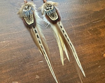 Real Feather Earrings - Boho Western Hippie Earrings - Cream White Taupe Brown Blue - Rooster and Pheasant Feather Earrings (Ready to Ship)