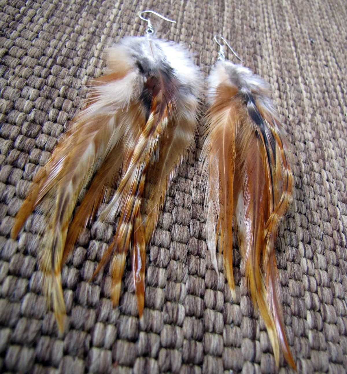 Feather Earrings Natural Brown Feather Earrings Striped Etsy