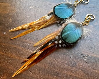 Real Feather Earrings - Green Brown Black & White Feather Earrings - Rooster Pheasant and Guinea Hen - Boho Feather Earrings (Ready to Ship)