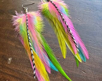 Neon Feather Earrings - Bright Colorful Spring Summer Feather Earrings - Pink Yellow Green and Blue - Real Feather Earrings (Ready to Ship)