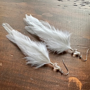 White Feather Earrings Long Rooster Feather Earrings Beaded White Bridal Feather Earrings Bridal Feather Jewelry image 2