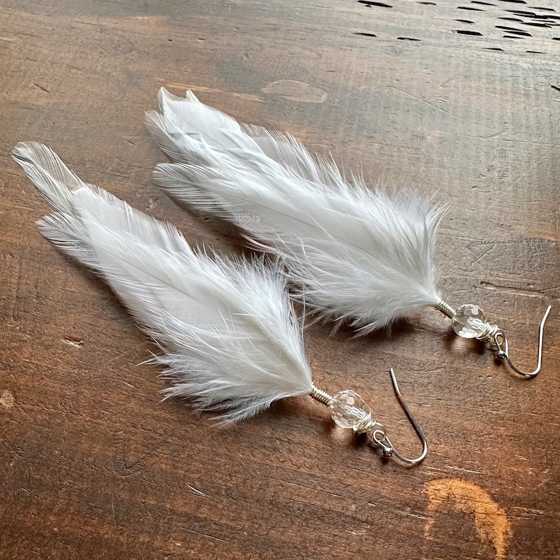 White Feather Earrings Long Rooster Feather Earrings Beaded White Bridal Feather Earrings Bridal Feather Jewelry image 2