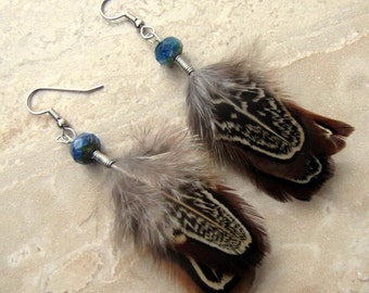 Pheasant Feather Earrings - Short Brown and Black Feather Earrings - Real Undyed Feathers - Short Beaded Feather Earrings