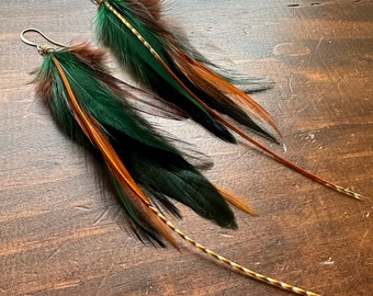 Long Feather Earrings - Dark Brown and Forest Green Feather Earrings - Real Rooster Feather Earrings (Ready to Ship)