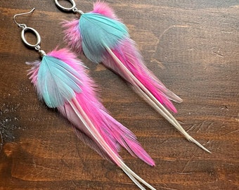 Pink Feather Earrings - Bright Pink Lilac and Blue - Long Rooster & Goose Feather Earrings - Summer Festival Feather Jewelry (Ready to Ship)