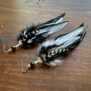 Long Feather Earrings - Black Feather Earrings - Black and White Feather Earrings - Long Rooster Feather Earrings - Goth Witchy Earrings