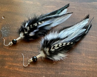 Long Feather Earrings - Black Feather Earrings - Black and White Feather Earrings - Long Rooster Feather Earrings - Goth Witchy Earrings