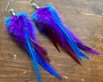 Feather Earrings - Purple and Blue Feather Earrings - Beaded Feather Earrings - Long Fluffy Colorful Rooster Feather Earrings