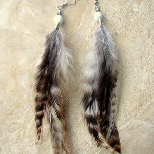 Real Feather Earrings - Undyed Black and White Rooster Feather Earrings - Long Beaded Feather Earrings - Boho Feather Earrings