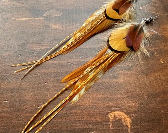 Real Feather Earrings - Golden Brown Rooster & Pheasant Feather Earrings - Long Boho Feather Earrings - Stud Ear Wires (Ready to Ship)