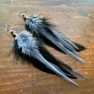 Feather Earrings - Long Feather Earrings - Black Feather Earrings - Gray Feather Earrings - Grey and Black Feather Earrings