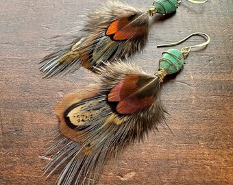 Pheasant Feather Earrings - Faux Turquoise and Feather Dangle Earrings - Blue Green and Brown - Western Boho Hippie Earrings (Ready to Ship)