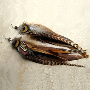 Long Boho Feather Earrings - Natural Feather Earrings - Brown Striped Feather Earrings - Beaded Feather Earrings