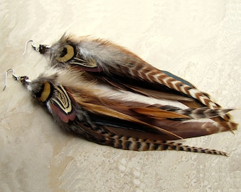 Long Boho Feather Earrings - Natural Feather Earrings - Brown Striped Feather Earrings - Beaded Feather Earrings