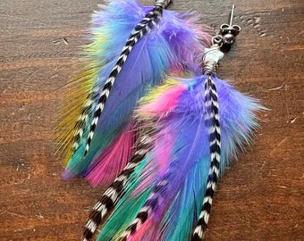 Short Feather Earrings - Bright Colorful Neon Rooster Feather Earrings - Purple Pink Yellow and Blue - Star Feather Earrings (Ready to Ship)