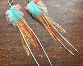 Spring Feather Earrings - Peach and Aqua Blue - Long Rooster and Goose Feather Earrings - Summer Festival Feather Jewelry (Ready to Ship)