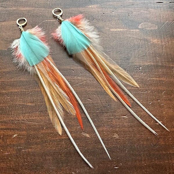 Spring Feather Earrings - Peach and Aqua Blue - Long Rooster and Goose Feather Earrings - Summer Festival Feather Jewelry (Ready to Ship)