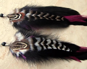 Long Feather Earrings - Black and Pink Rooster Feather Earrings - Dark Feather Earrings - Real Feather Earrings - Striped Feather Earrings