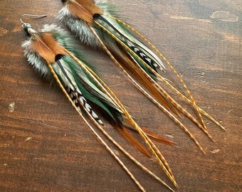 Real Feather Earrings - Long Brown and Forest Green Feather Earrings - Beaded Rooster and Pheasant Feather Earrings (Ready to Ship)