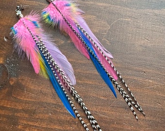 Pink Feather Earrings - Bright Colorful Rooster Feather Earrings - Pink Purple Blue Yellow Green - Festival Feather Earrings (Ready to Ship)
