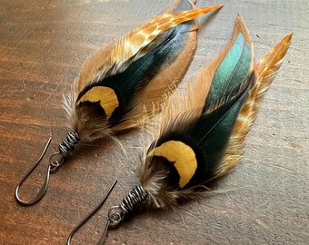 Real Feather Earrings - Golden Brown and Black Rooster and Pheasant Feather Earrings - Long Boho Style Feather Earrings (Ready to Ship)