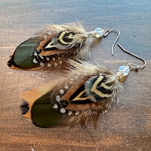 Natural Pheasant Feather Earrings - Short Golden Brown Blue and Green Feather Earrings - Real Undyed Feather Earrings - Hippie Earrings