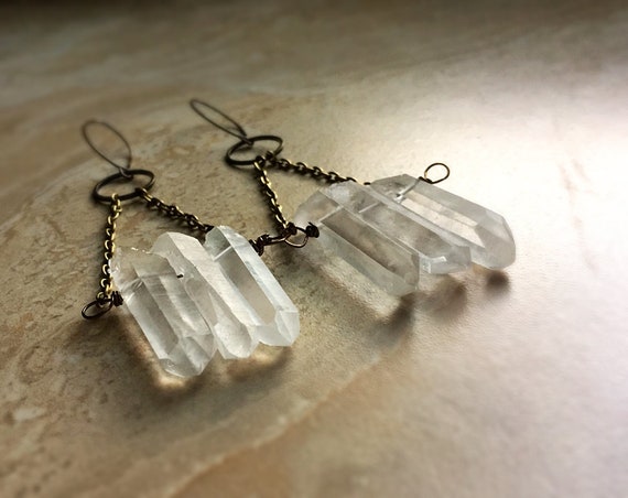 Raw Quartz Earrings Antiqued Brass Dangle Earrings Clear Quartz Earrings