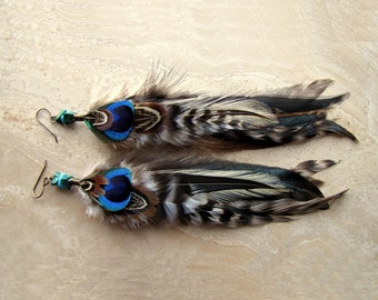 Real Feather Earrings - Peacock and Rooster Feather Earrings - Long Undyed Feather Earrings - Dark Hippie Boho Style Feather Jewelry