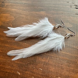 White Feather Earrings - Long Rooster Feather Earrings - Beaded White Bridal Feather Earrings - Bridal Feather Jewelry