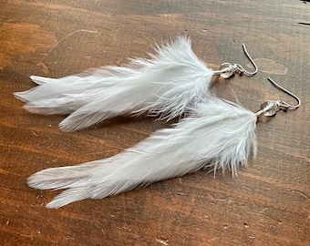 White Feather Earrings - Long Rooster Feather Earrings - Beaded White Bridal Feather Earrings - Bridal Feather Jewelry