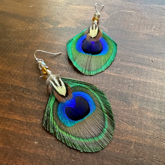 Peacock Feather Earrings Beaded Peacock Feather Earrings Peacock  Jewelry Natural Undyed Peacock Feather Earrings Boho Jewelry - Main Image