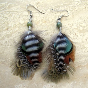 Real Feather Earrings - Short Beaded Feather Earrings - Undyed Pheasant and Guinea Hen Feather Earrings - Brown Green Black White and Blue